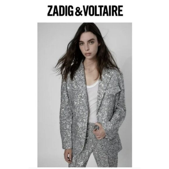 Zadig & Voltaire Vivi Sequins Silver Blazer Size 40 Large NWT - Picture 1 of 10